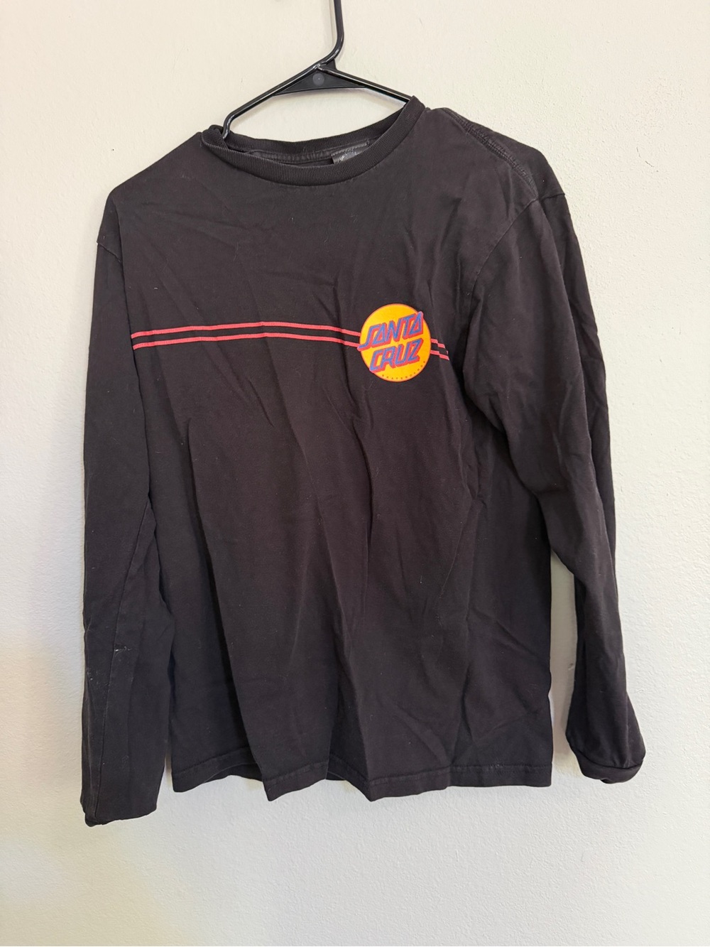 Santa Cruz Skateboards Black Long Sleeve Tee with Red Stripes and Yellow Logo